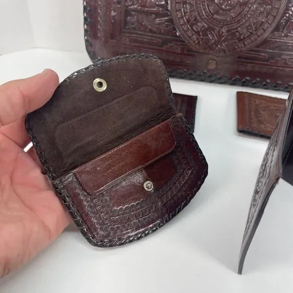 Wallet Fold Hand Tooled Leather Embossed Aztec Stamped Mexico Brown 12x7.5in WOW